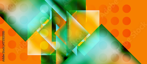 Abstract geometric composition. Orange, teal hues blend. Overlapping shapes create dynamic visual texture. Modern design elements present.