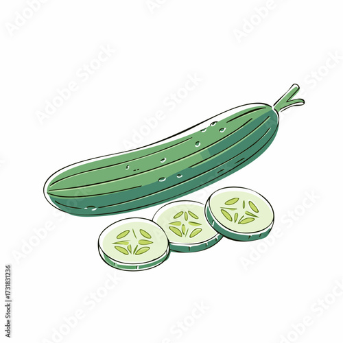 Continuous one line drawing of cucumber with slices, depicting cool freshness and hydration, line art style vector illustration.