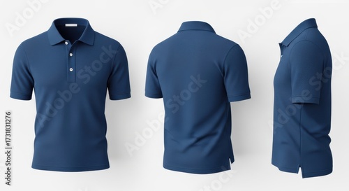 Display of classic navy blue polo shirt from multiple angles, showcasing style