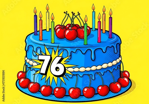 Pop Art Style 76th Birthday Cake Illustration with Cherries, Candles, and Blue Icing on a Yellow Background.