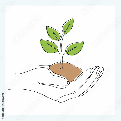 Continuous one line drawing of Hands holding growing seedlings. Single line drawing illustration of Hands holding leaf. Go green energy concept vector art. Doodle line illustration.