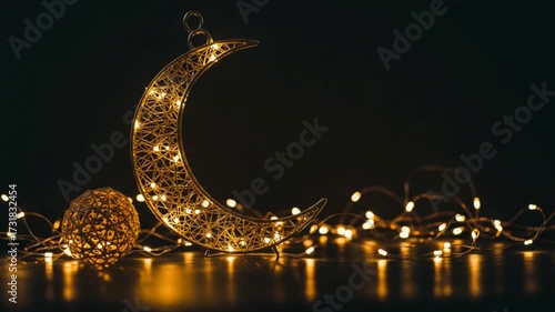 Ramadan Crescent Moon Decorated with Lights.