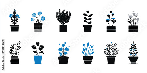 Collection of stylized potted plants featuring a minimalist aesthetic with whimsical floral designs and bold black and blue color palette