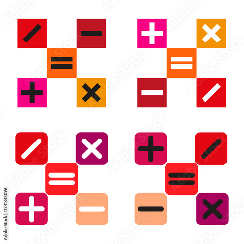 Mathematical operation icons. Plus minus symbols. Colorful Vector illustration. Calculator button design.