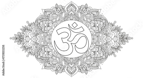 Symmetrical Zen Doodle Patterns Surrounding Sacred Om Symbol Adult Coloring Art