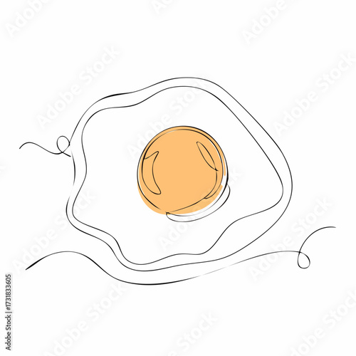 Fried egg vector one line continuous drawing illustration. Hand drawn linear silhouette icon. Minimal design element for print, banner, greeting card, brochure, menu, logo. Food, snack, meal.