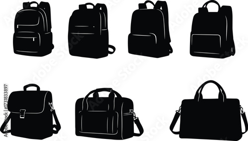 Bag silhouette collection, backpacks, messenger bags, duffels, satchels, travel gear, minimalist icons, side profiles, black shapes, design variety