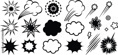 Hand-Drawn Explosive Motion Elements Vector.Comic Boom & Speed Line Effect Set.Line speed cartoon effect, boom explosive motion line element set..eps