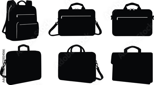 Bag silhouette set, backpacks, briefcases, shoulder bags, flap closures, zipper styles, top handles, minimalist icons, fashion gear, black shapes