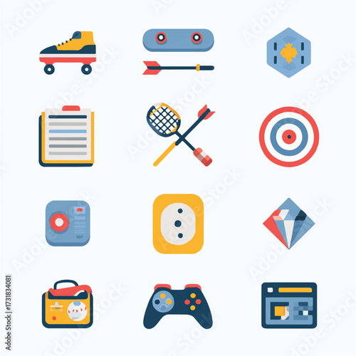 Collection of various colorful icons representing different hobbies and activities presented on a clean background