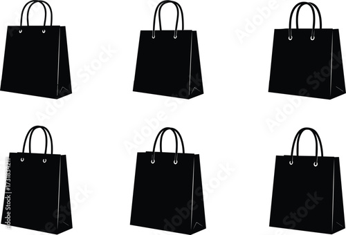Black shopping bags with twin handles, retail packaging mockup, minimal design, isolated icons for branding, ecommerce, fashion, merchandise display