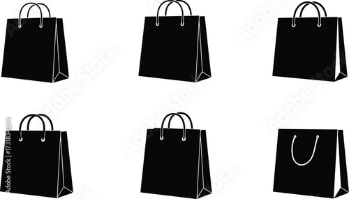 Black shopping bags with white handles, retail packaging mockup, minimal design, isolated icons for branding, ecommerce, fashion, and merchandise display