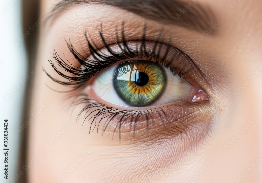 Obraz premium Captivating Macro Shot of a Womans Hazel-Green Eye with a Golden Sunburst Iris.