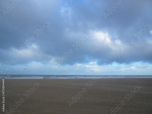 Beach and clouds. Beach in the morning. Nature backdrop. Beautiful natural flyer, card design. Nature Template for presentation or product