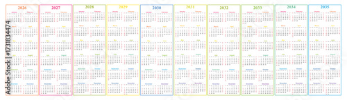 2026, 2027, 2028, 2029, 2030, 2031, 2032, 2033, 2034, 2035 Multi-Year Vertical Calendar Layout – Colour-Coded Decade Planner for Long-Term Scheduling, Strategic Planning, and Visual Organization