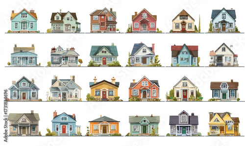 Collection of Watercolor Houses with Varying Architectural Styles Depicting Suburban and Urban Living and Home Ownership