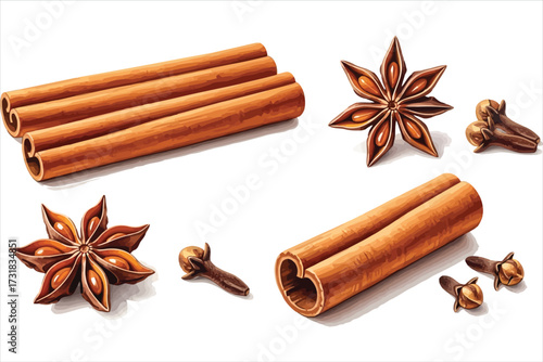 Vector art of aromatic spices cinnamon sticks, star anise, and cloves, arranged in a visually appealing composition for culinary and holiday themes