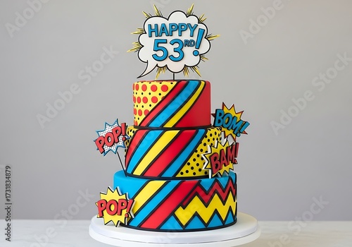 Striking three-tier 53rd birthday cake designed in a comic book pop art style, featuring 