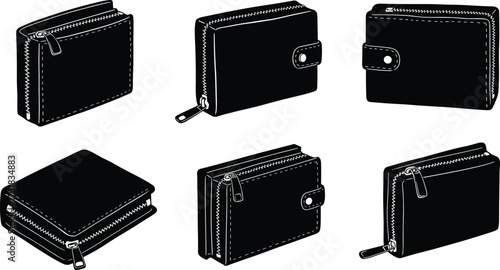 Black wallets with white stitching, zipper and button closures, varied shapes and orientations for fashion, ecommerce, branding, retail packaging