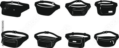 Fanny pack silhouette set, waist bags, zipper styles, flap closures, utility gear, fashion icons, minimalist design, black shapes, travel-ready