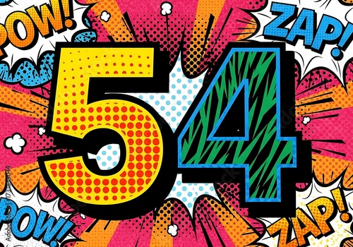 Eye-catching number 54 in a comic book pop art explosion style, with halftone dots, bright colors, and 
