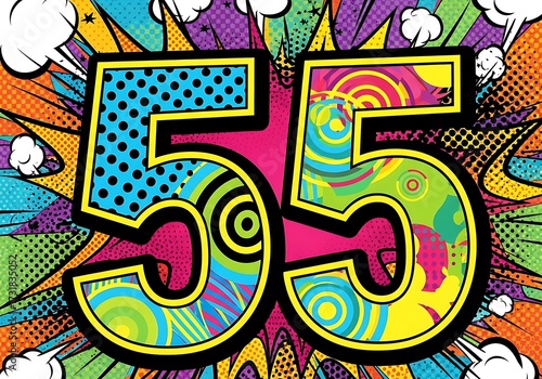 Colorful number 55 graphic in a retro comic book pop art style, with psychedelic patterns, halftone dots, and an energetic explosion background featuring 