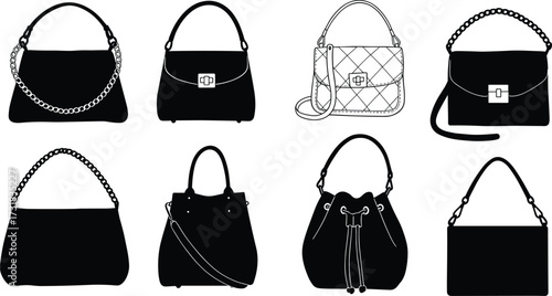 Handbag silhouette set, chain handles, flap closures, drawstring styles, tote bags, purse icons, fashion gear, minimalist design, black shapes