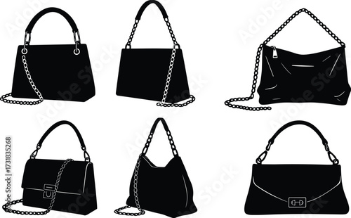 Handbag silhouette set, chain straps, flap closures, buckle details, structured shapes, fashion icons, minimalist design, black profiles, purse styles