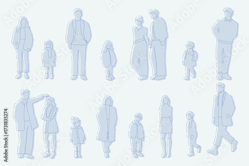 flat minimal people male and female vector illustration in winter clothing concept isolated set collection. Outline with silhouette shadow. For architecture rendering, design, info graphic, media