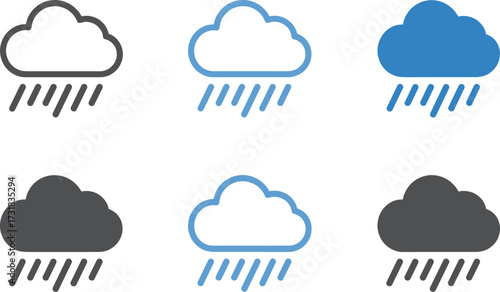 Collection of rain cloud weather icons with rainfall symbols, flat vector design, climate forecast elements, storm illustration, meteorology signs, isolated background