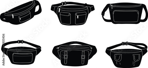 Outlined black waist bags set featuring six unique styles with varied compartments, straps, and silhouettes for fashion, travel, and utility