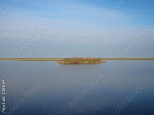 Minimalist Lake view. Reflection in water. Nature backdrop. Beautiful natural flyer, card design. Nature Template for presentation or product