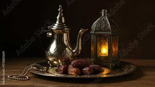 Ramadan Lantern Dates and Coffee Pot Still Life.