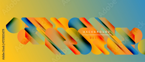 Abstract colorful shapes overlap, creating dynamic visual effect. Gradient hues blend smoothly, forming modern background design.