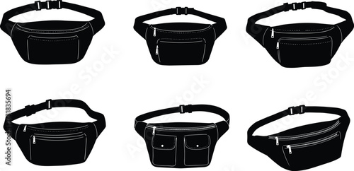 Waist bag silhouette set, fanny packs, zipper pockets, buckle straps, rounded shapes, utility gear, fashion icons, minimalist design, black profiles