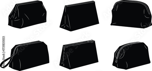 Set of six toiletry and cosmetic bag silhouettes with varied shapes, zipper closures, and strap styles for fashion design reference
