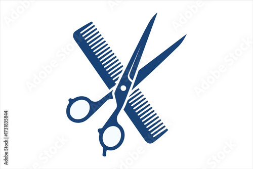 Vector art of blue scissors and comb minimalist vector illustration of barber tools for hairdressing salon, beauty shop, or hair stylist logo design