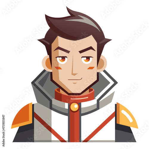 Vector illustration of modern cartoon portrait of a determined young man with spiky brown hair, wearing a scifi inspired white and orange outfit