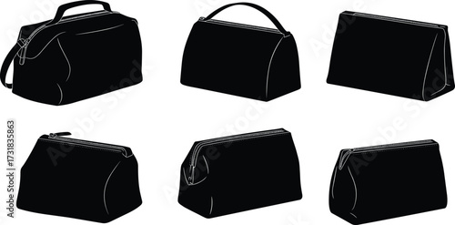 Silhouette set of six toiletry and handbag designs, showcasing zipper styles, handle shapes, and fashion-forward storage accessories