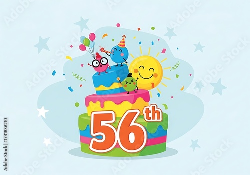 Whimsical vector illustration of a multi-tiered 56th birthday cake with cute cartoon characters, sun, and falling confetti.
