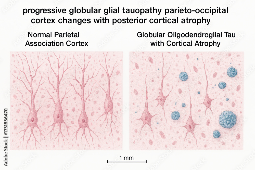 Obraz premium Microscopic view of the brain showing normal parietal association cortex compared to globular oligodendroglial tau with cortical atrophy, illustrating neurodegenerative changes.
