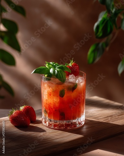 Strawberry Basil Cocktail: A vibrant and refreshing strawberry basil cocktail sits in a beautifully textured glass, adorned with fresh basil and plump strawberries.