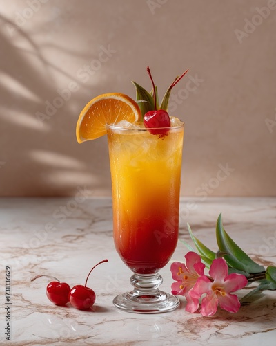 Tropical Paradise Drink: a captivating view of a cocktail, perfect for inviting viewers into a tropical atmosphere, refreshing and beautifully styled in a well-lit environment.