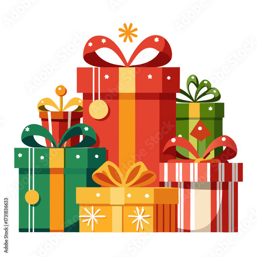 Vector illustration of a festive pile of colorful gift boxes with ribbons and bows, isolated on a, perfect for holiday celebrations and special occasions