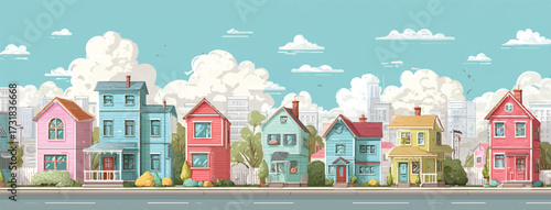Colorful houses line a street under a bright blue sky with fluffy clouds creating a serene neighborhood atmosphere