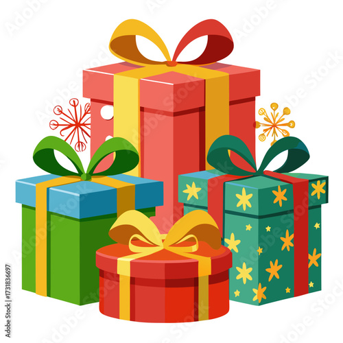 Vector illustration of a charming arrangement of stacked gift boxes adorned with cheerful ribbons and bows, presented on a, symbolizing generosity and good wishes