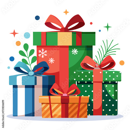 Vector illustration of an assortment of vibrant gift boxes with decorative ribbons and bows, set against a clean, ideal for conveying joy and celebration