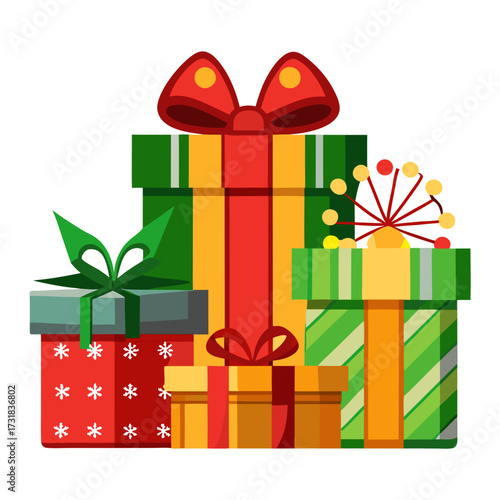 Vector illustration of an assortment of stacked gift boxes with festive bows and decorations, isolated on a