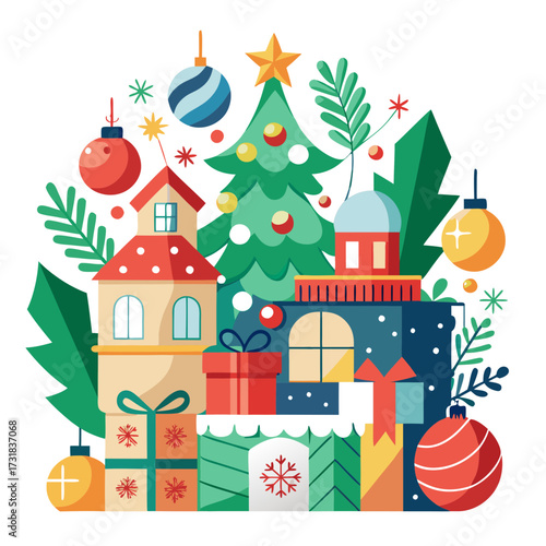 Vector illustration of festive christmas village scene with decorated tree, gifts, and ornaments