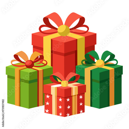 Vector illustration of a group of four stacked gift boxes in various sizes and colors, tied with ribbons and bows, isolated on a